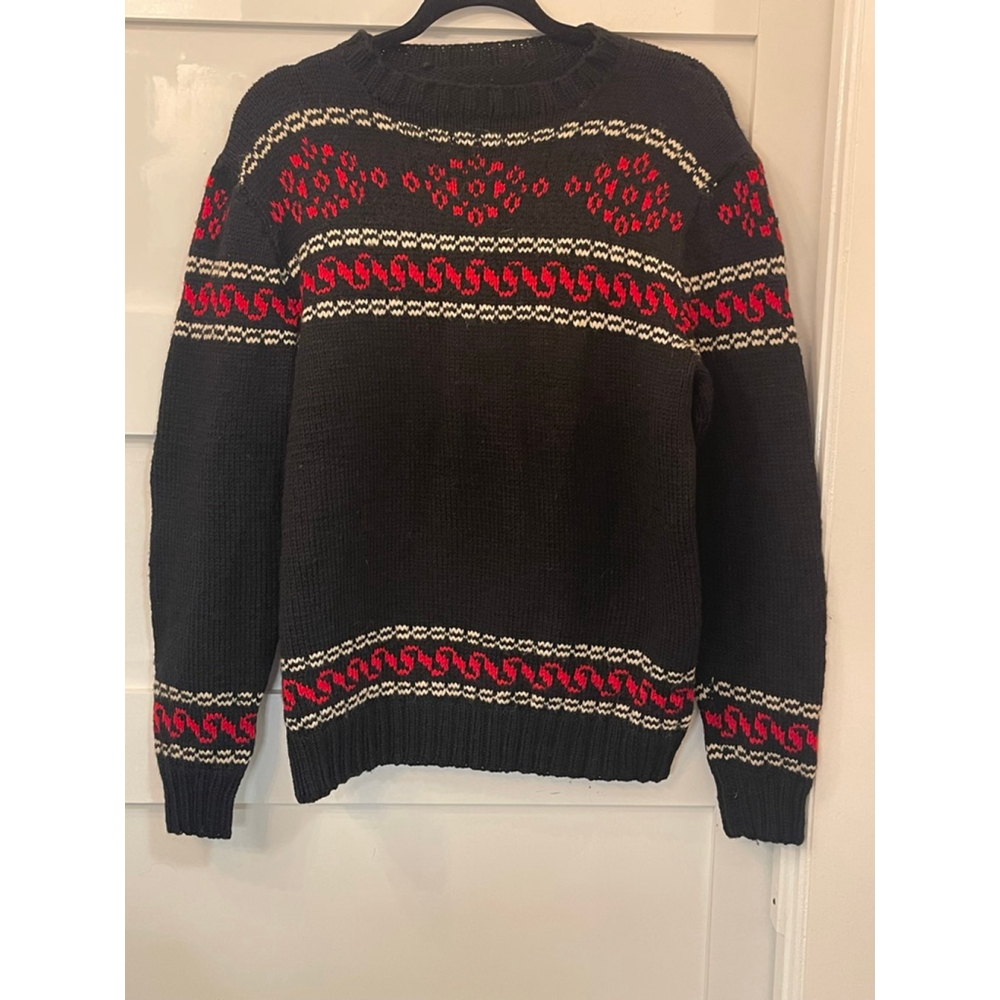 Vintage Wool Knit Sweater Black Red Fair Isle Nordic Men’s M Medium